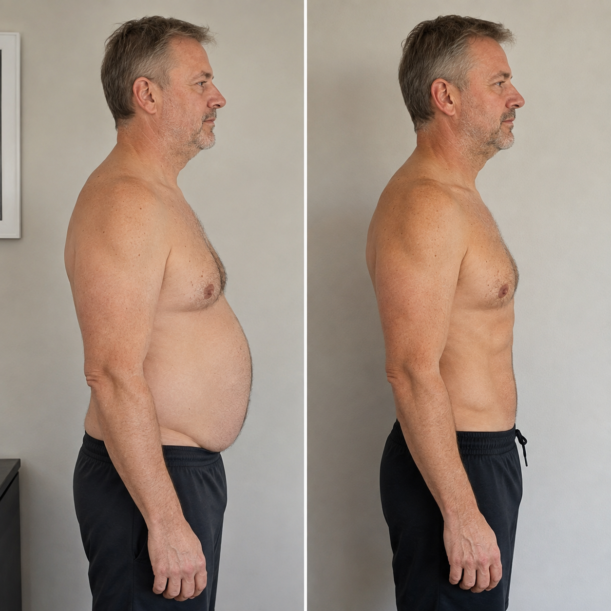 Side-by-side before and after body composition comparison of an older man in dark shorts, side profile