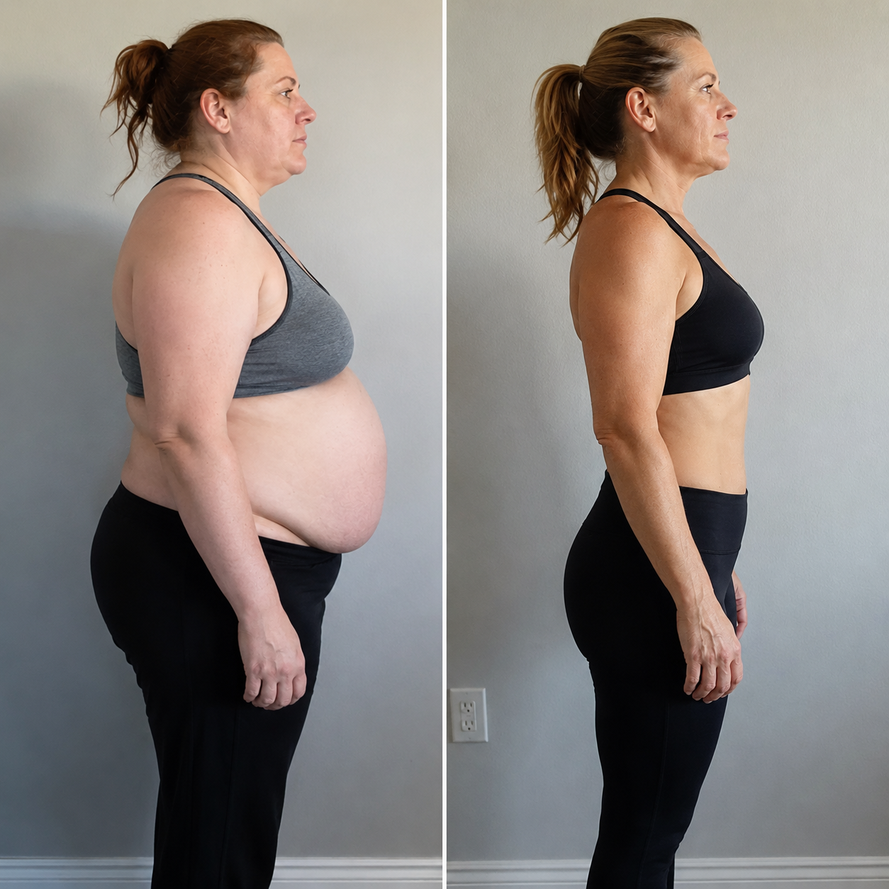 Side-by-side before and after body composition comparison of a woman in training gear