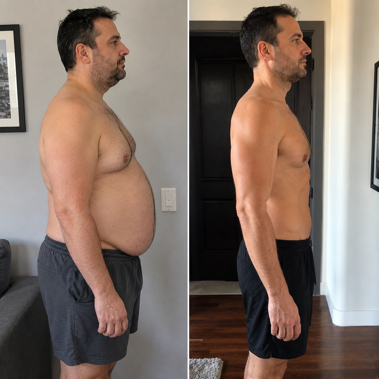 Side-by-side before and after body composition comparison of a man in shorts