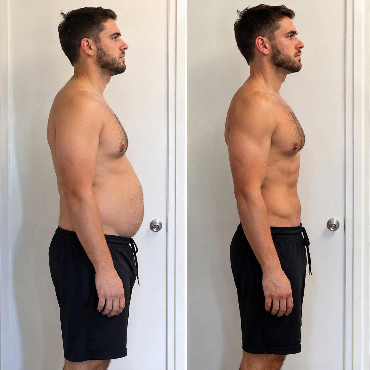 Side-by-side before and after body composition comparison of a man in black shorts, side profile